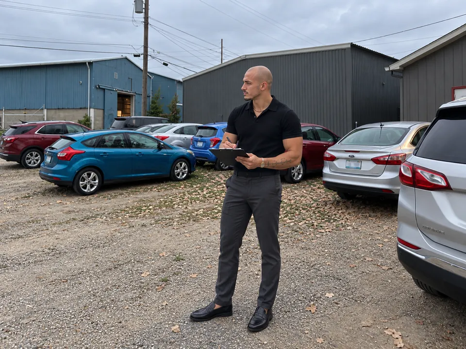 Lansing Car Rentals owner holding a clipboard among vehicles in the rental lot.
